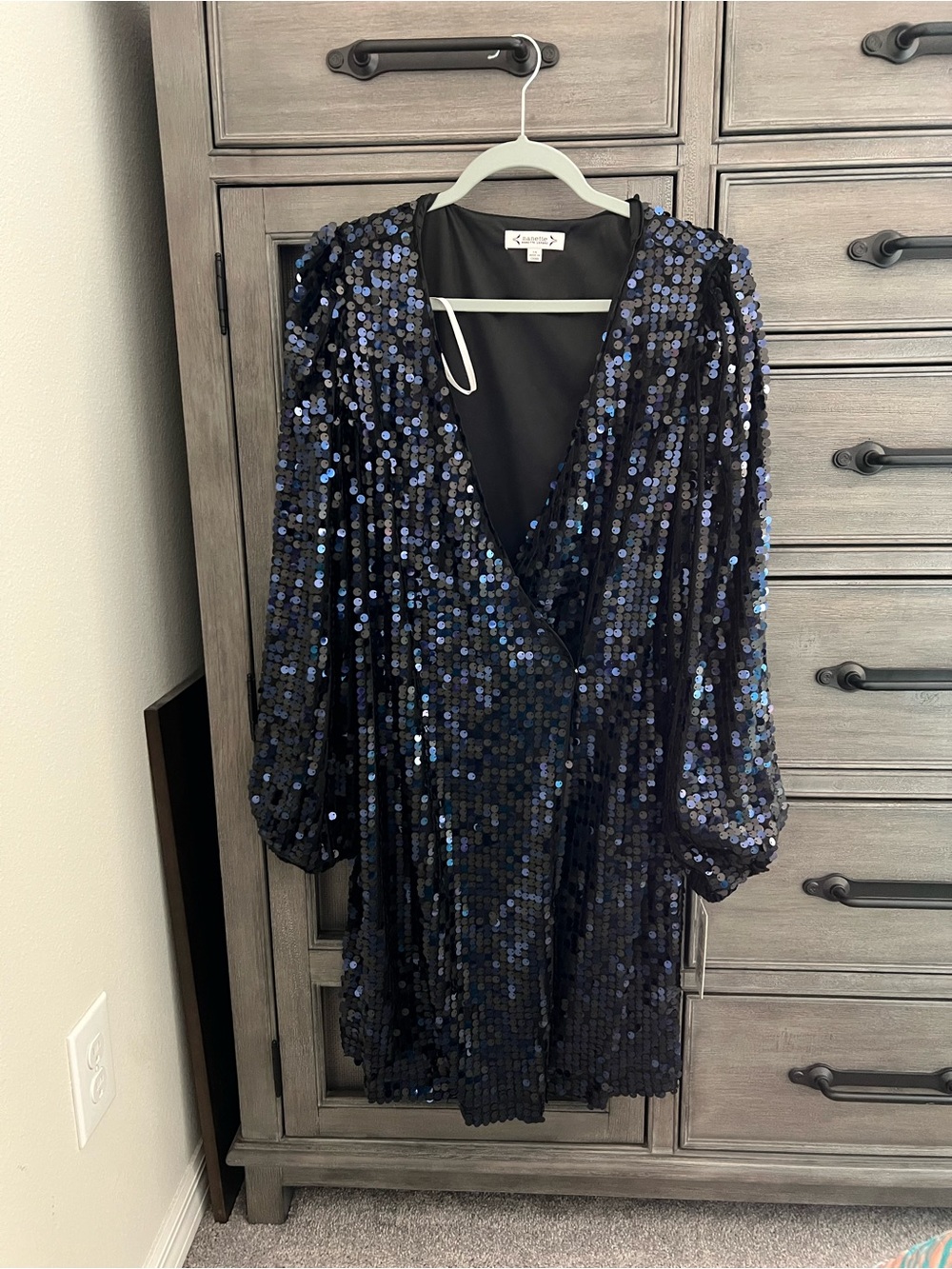 Nanette Lepore Sequin V-Neck Party Dress in Black with Blue Shimmer